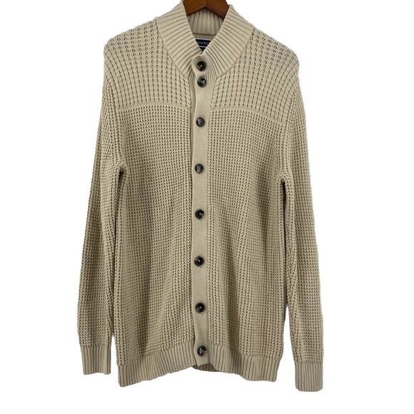 Club Room Chunky Waffle Cardigan Sweater Mens Large Grandpa Dad Cotton Beige Tan - Picture 9 of 10